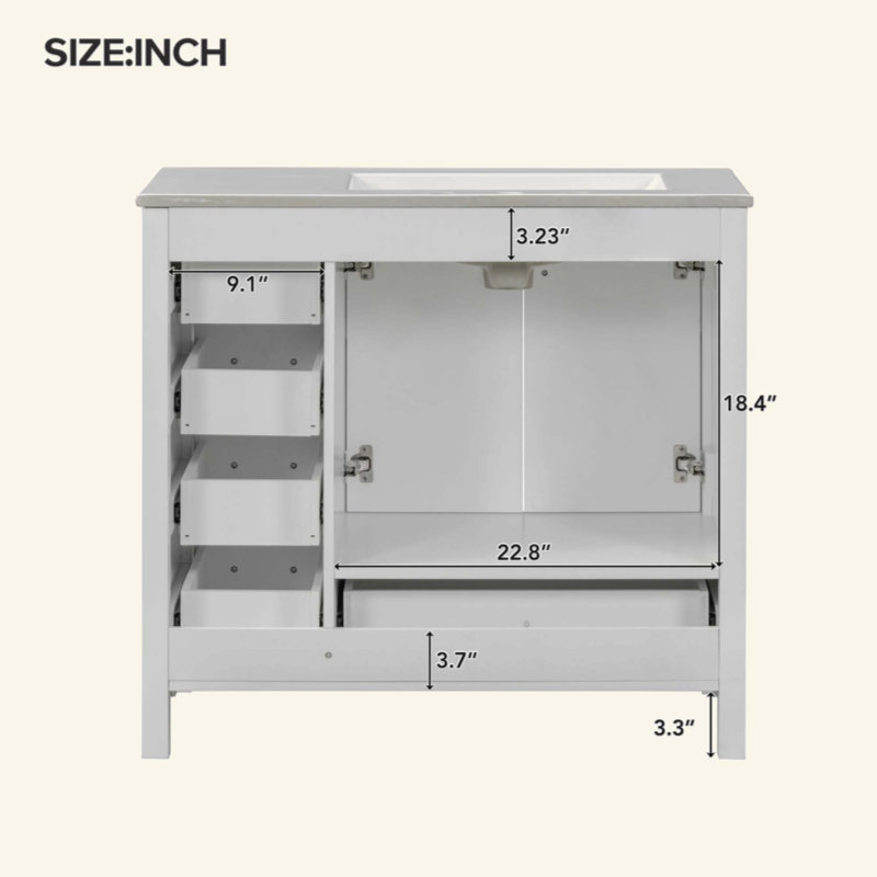 Ensemble de meuble-lavabo avec lavabo en céramique, armoire de rangement abondante - 2 portes à fermeture douce et 5 tiroirs