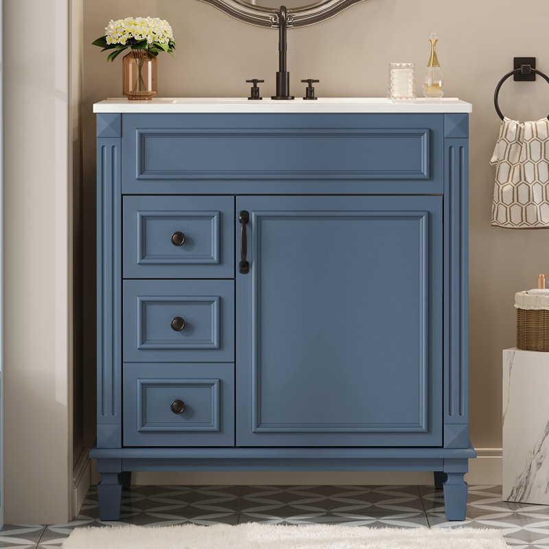 Meuble-lavabo avec lavabo en céramique, 2 tiroirs et poignées en métal, Bleu