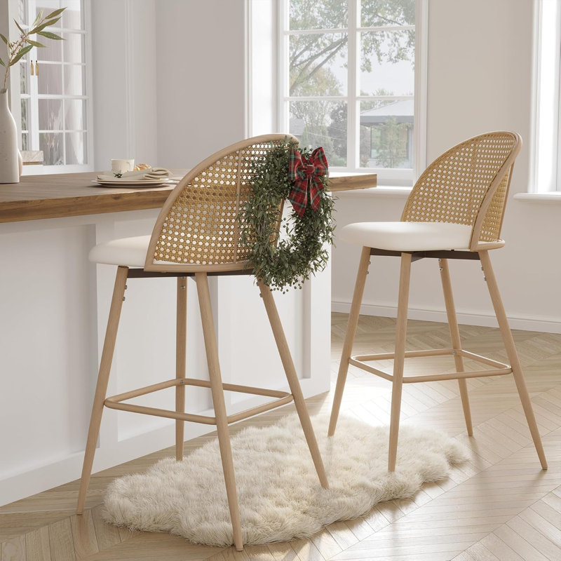 Tabouret de bar et de comptoir pivotant rembourré (ensemble de 2), Natural, Blanc / Blanc
