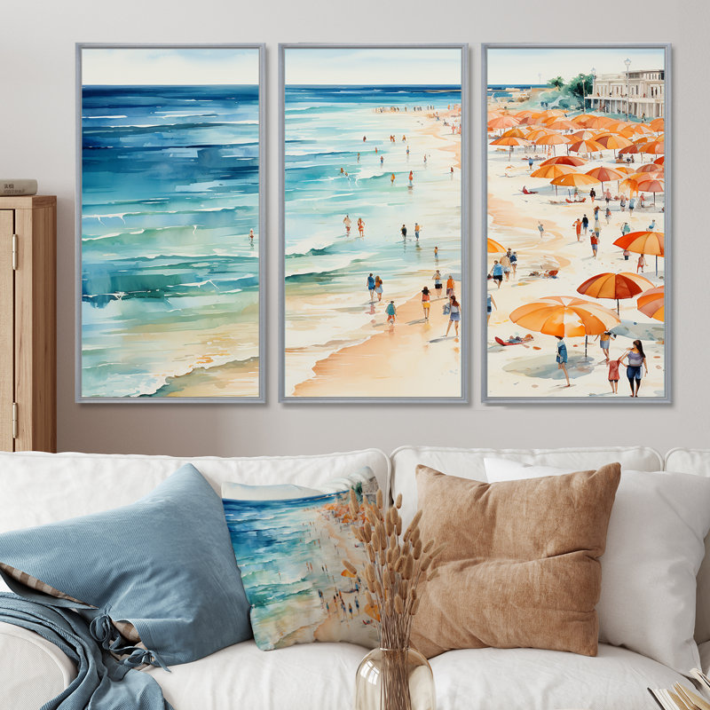 Beach Day Umbrella Parade V - Coastal Beach Sand, art mural, Cadre flottant doré, H 40 po x l 60 po x P 1 po