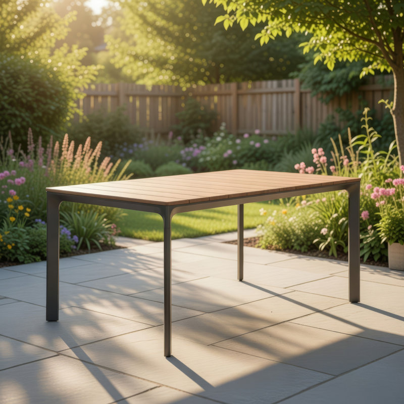 Table de salle à manger d'extérieur, bois brun 70 po, aluminium gris résistant aux intempéries