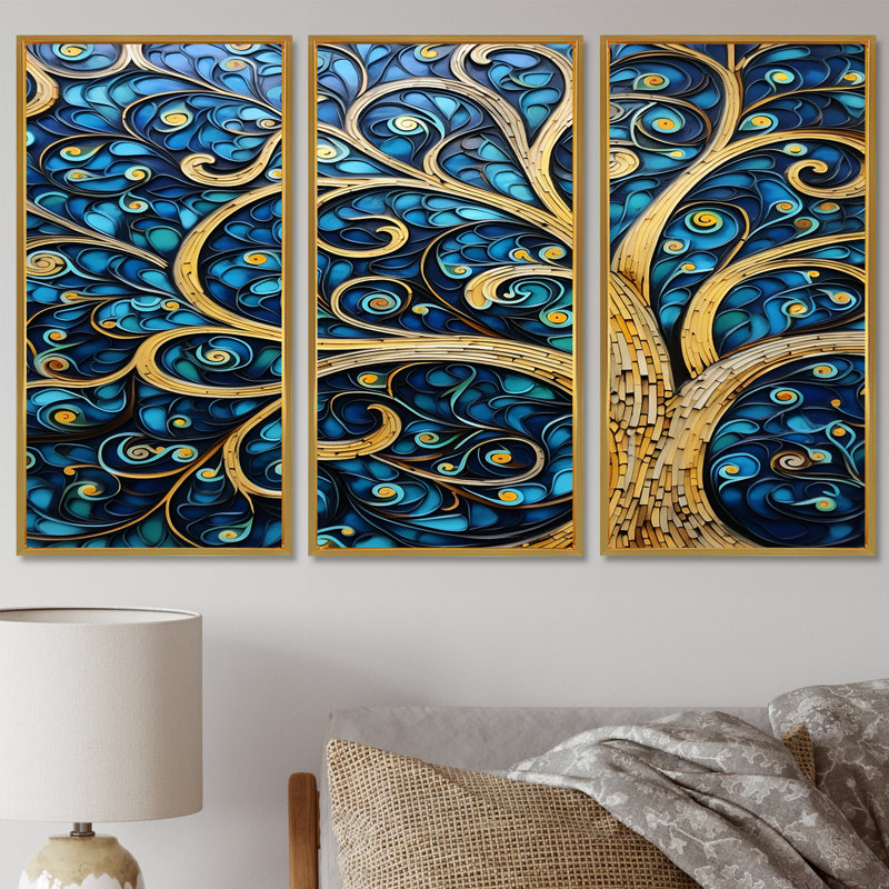 «Whirling Art Nouveau Tree Teal Blue Sky», ensemble de reproduction d'art mural arbre, Cadre flottant doré