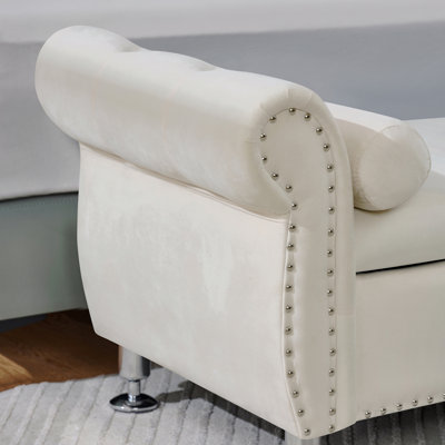 Banc de rangement en velours doux de 158 cm (62,2 pouces) avec boutons en cristal et 1 coussin, pour chambre et salon, (beige)