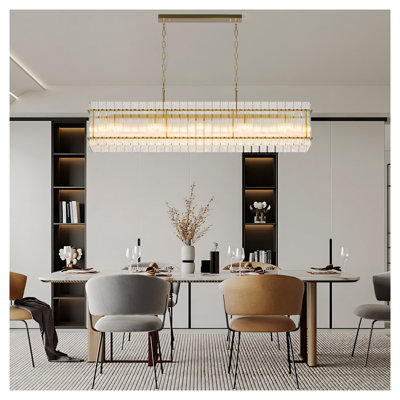 Modern Rectangular Crystal Glass Chandelier, 10-Light Gold Kitchen Island Lighting with Water Wave Design for Dining Room & Living Room
