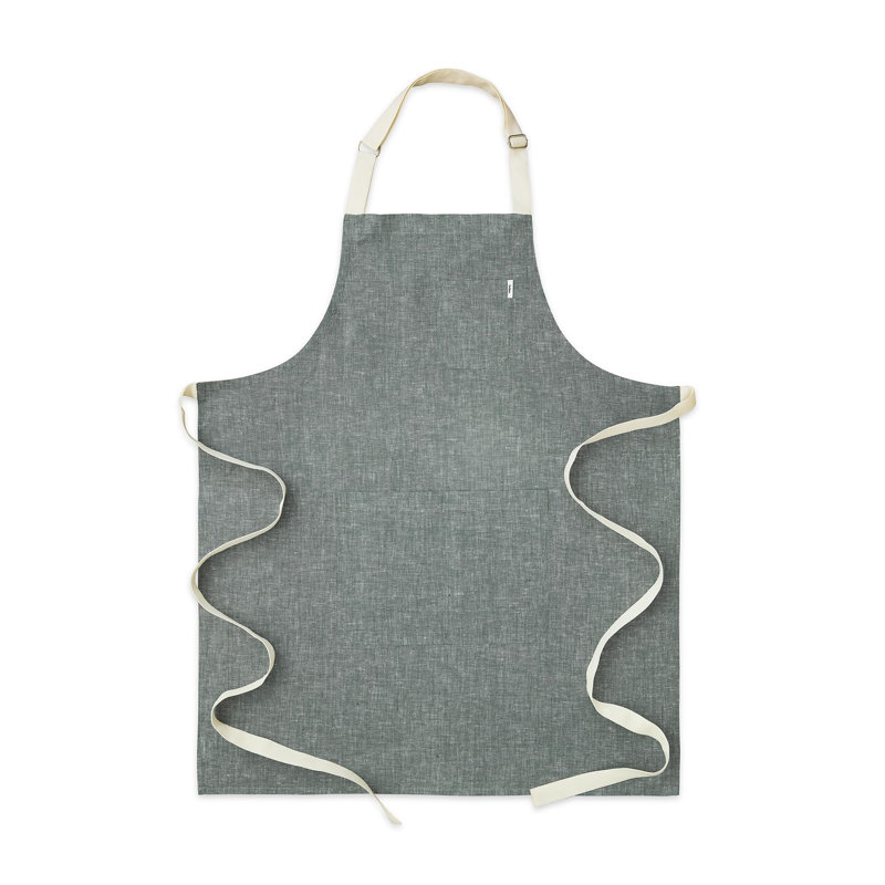 Classic Linen Bib Apron - 100% Pure Linen Apron, Stem Green/Ivory