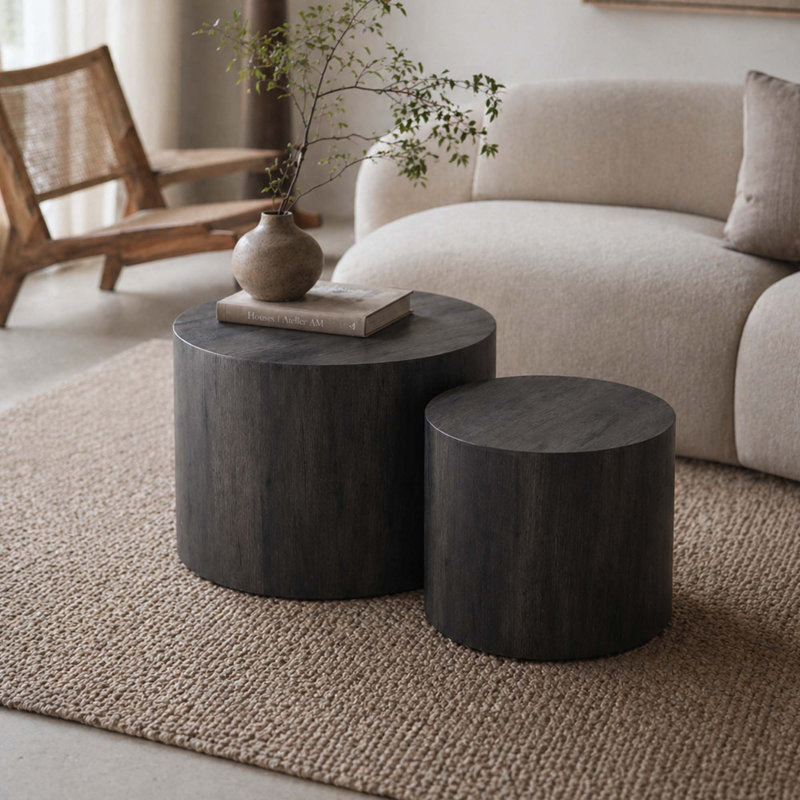 Ensemble de 2 tables basses rondes gigognes en bois, Black Wood Grain