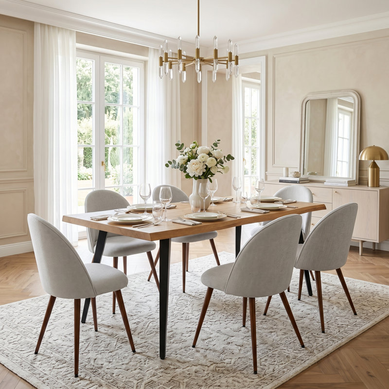 Shivani 7-Piece 63'' Rectangular Dining Set with Upholstered Chairs, Ivory, Brown