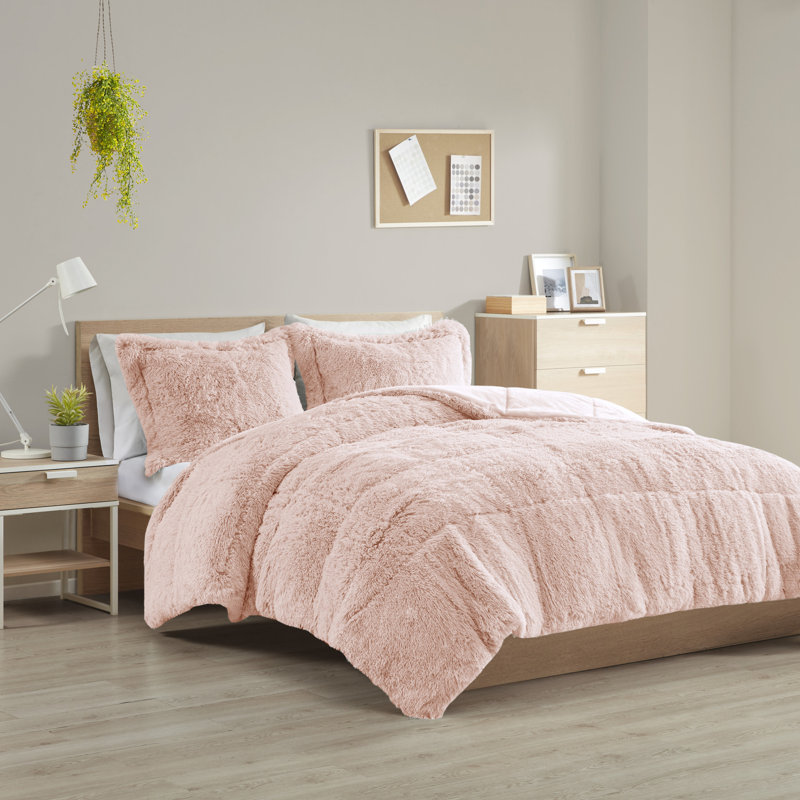 Ensemble d'édredon en fausse fourrure à poils longs Brielle, Édredon double / grand + 2 taies décoratives sta, Rosé