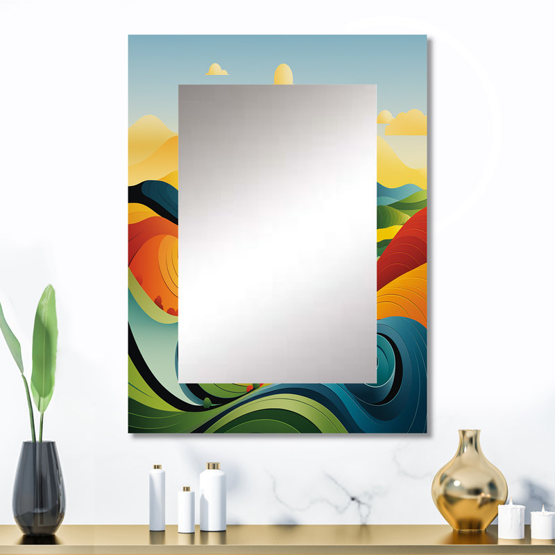 Art minimaliste multicolore au trait, paysage III - miroir mural décoratif Meadow, grand miroir traditionnel, art imprimé en métal