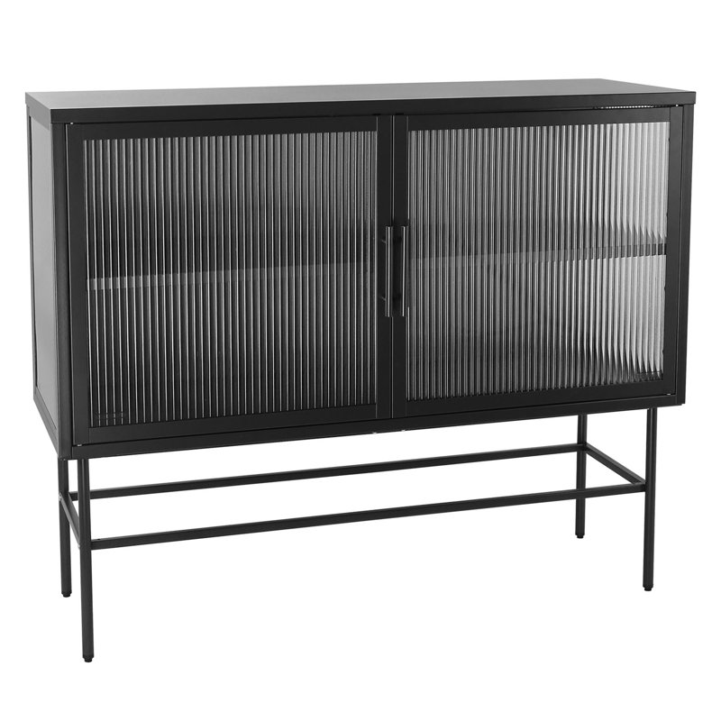 Buffet avec 2 portes cannelées en verre et tablette réglable, Noir, noir, noir, noir
