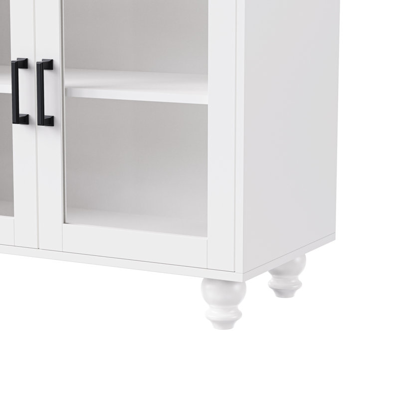 Farmhouse Media Storage Console with Glass Doors, Adjustable Shelves & Solid Wood Legs, Fits TVs up to 70" – White/Natural