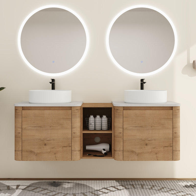 Greythor 60'' Wall-Mounted Double Bathroom Vanity With Ceramic Sink & Storage Shelves,60'' Double Bathroom Vanity Set With Engineered Stone Top