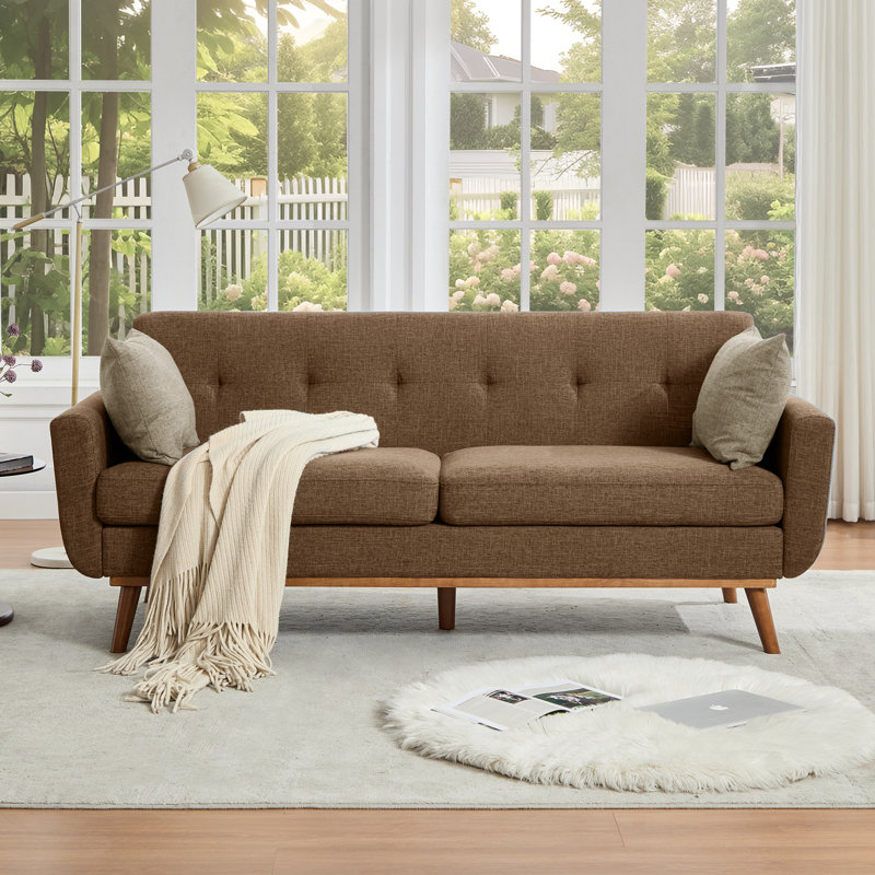 Cattaleya 78" Mid Century Modern Linen Upholstered Square Arms Sofa, Brown