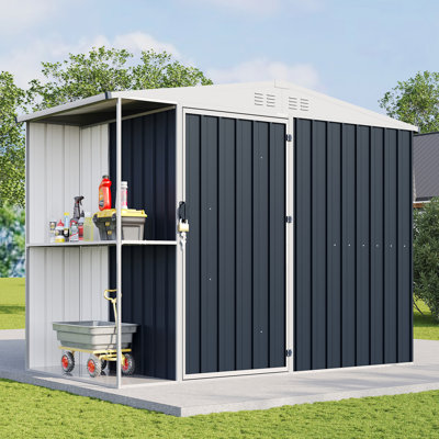 8 x 3.84 x 5.9 FT Outdoor Storage Shed with Firewood Rack, Dark Grey Metal Shed for Backyard Storage, Reinforced Frame, Lockable Door, Side Window, Gable Roof for Garden