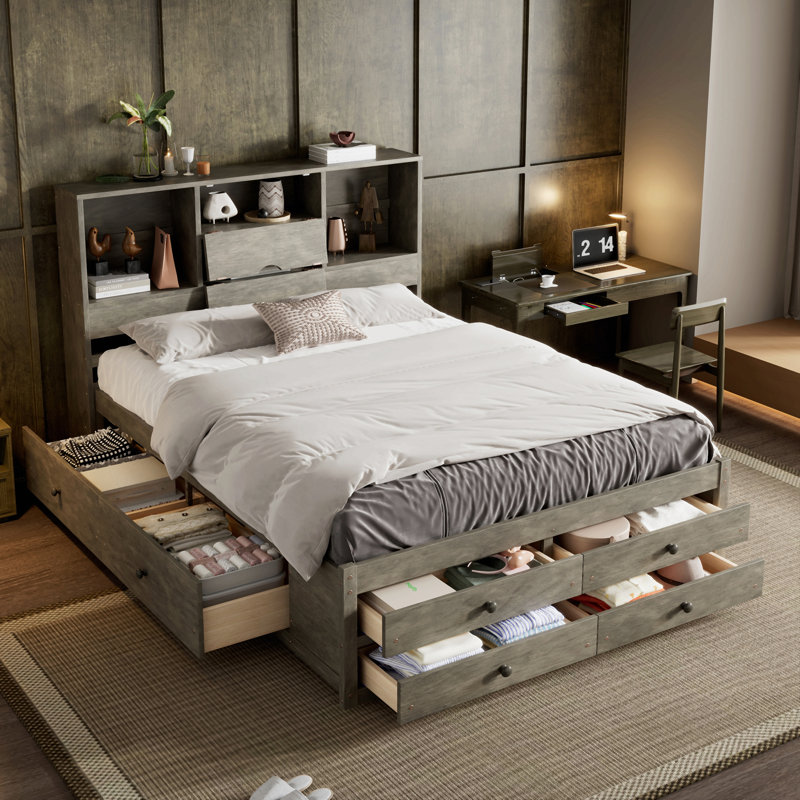 Lit plateforme avec tête de lit avec rangement et 8 tiroirs, Grand lit, Grey