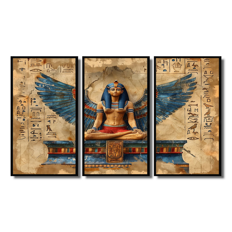Bleu et beige, déesse égyptienne I - ensemble d'art mural égyptien, H 28 po x l 36 po x P 1 po