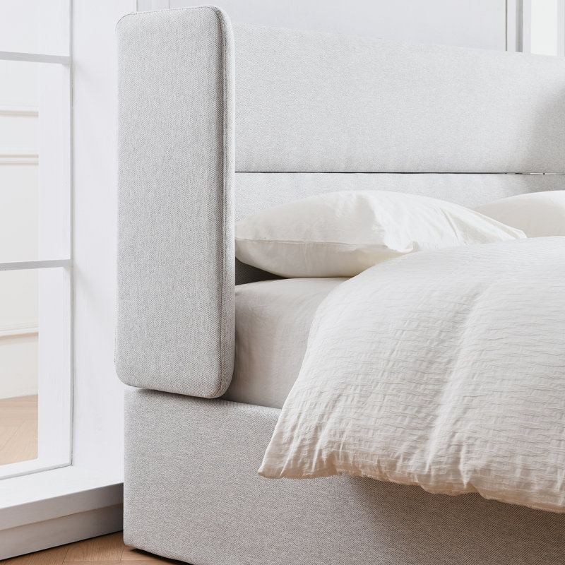 Lit plateforme tapissier avec rangement Gaillarde, Double, Blanc grisâtre