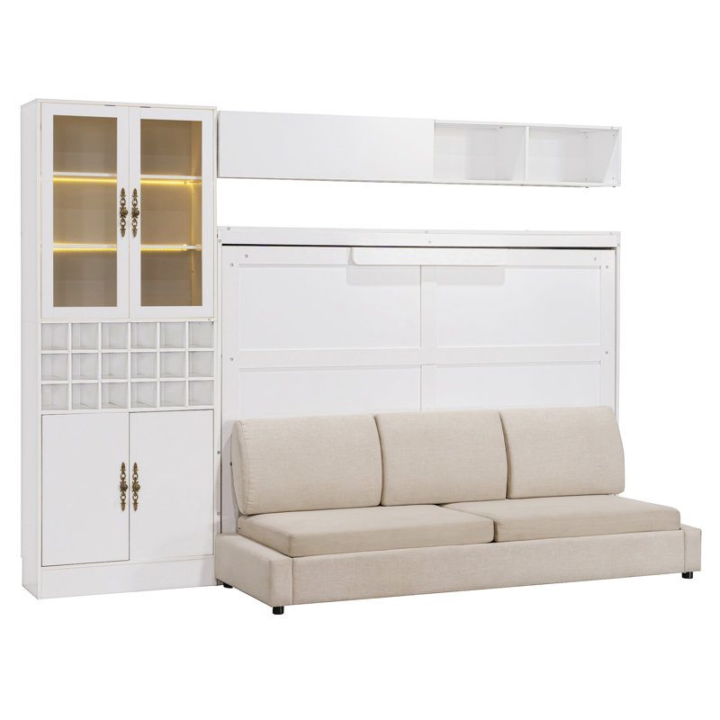 Lit escamotable double pleine grandeur avec canapé, tablettes USB et lumière, blanc, Lit double, Blanc