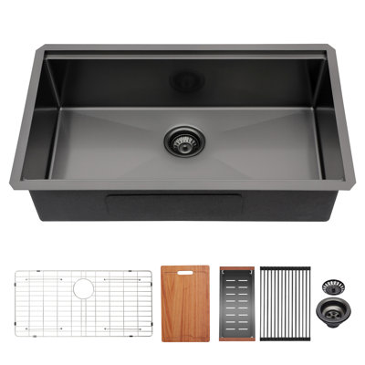 Évier de cuisine encastrable 33 po x 19 po x 10 po en acier inoxydable noir mat, calibre 16, profondeur de bol 9 po, revêtement en nano 10 x 19 x 33 po, T304, bol profond