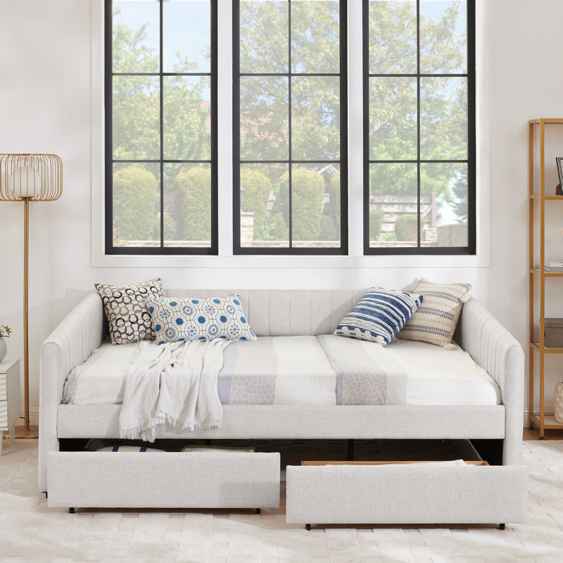 Queen daybed: upholstered sofa bed, two-drawer trundle, vertical stripes, linen fabric (86.5"x65"x30"), Beige
