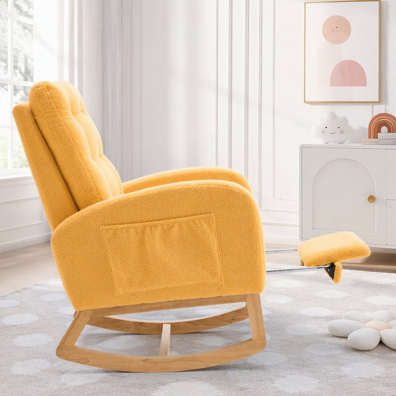 Chaise berçante à haut dossier avec repose-pieds, coussin moelleux et poche de rangement latérale, Peluche jaune