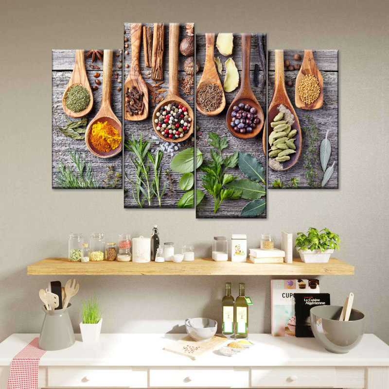 Herbes et épices - 4 pièces sur toile tendue, H 22 po x l 36 po x P 1 po