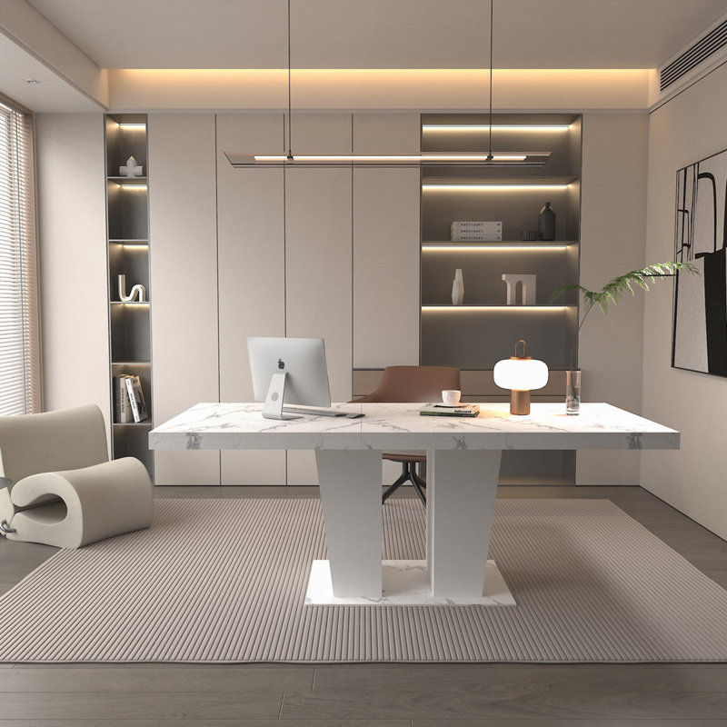 Table de salle à manger extensible pour 6-10 - faux marbre blanc avec base à double piédestal