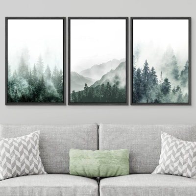 Misty Forest Landscape " IDEA4WALL Framed Canvas Print Wall Art Woodland Nursery Decor Set Misty Green Mountain Forest Valley Nature Wilderness Modern Art Rustic Landscape For Living Room, Bedroom, Office " 3 - Pieces
