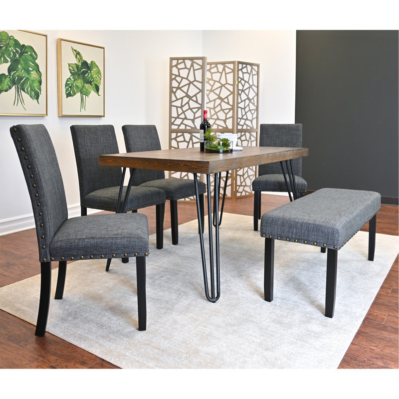 Ensemble de salle à manger 6 pièces, table de salle à manger en épingle à cheveux avec 4 chaises et banc de revêtement, 3 options de couleurs