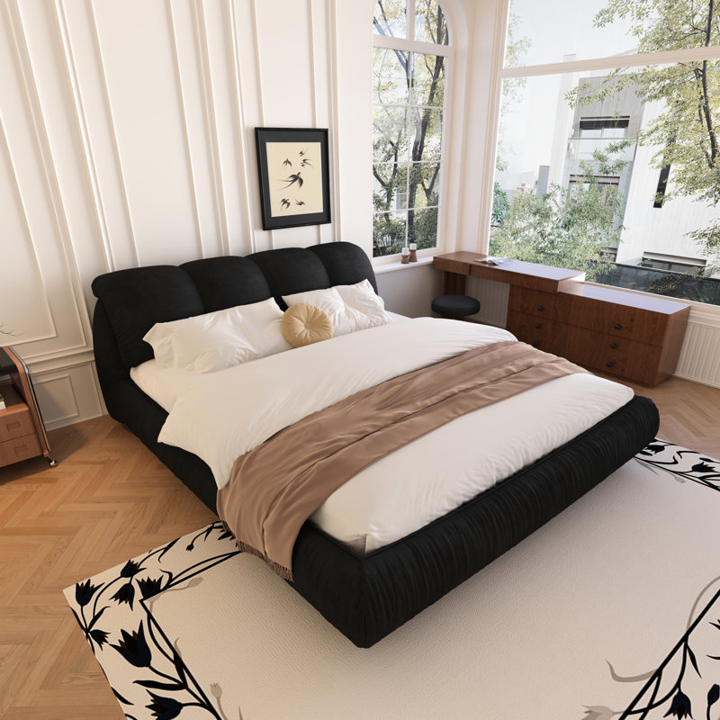Lit plateforme grand de luxe, tapissier en noir, tête de lit surdimensionnée, convenant à différentes marques de matelas, structure en bois massif, hauteurs multiples