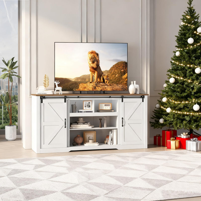 70" Farmhouse TV Stand for 80" TVs, Entertainment Center with Sliding Barn Door, Adjustable Shelves & Charging Ports