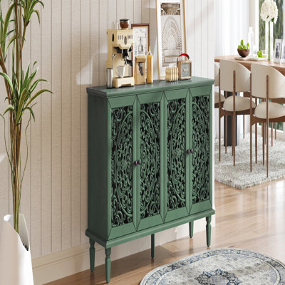 Buffet antique bleu avec sculptures florales, pieds en bois massif, poignées en laiton antique et tablettes réglables pour le salon et la salle à manger, meuble télé pour téléviseur de 65 pouces et plus
