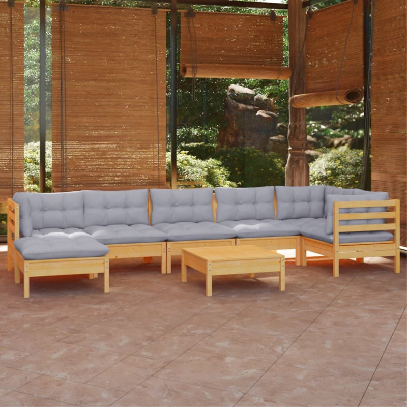 Ensemble de conversation modulaire en bois de pin massif avec coussins 8 pièces Howling, Naturel, Gris