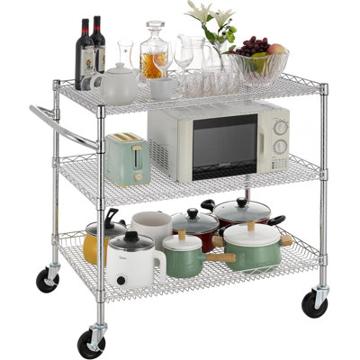 Heavy Duty 3-Tier Commercial Utility Cart With Wheels - NSF Certified Steel Rolling Service Cart With Adjustable Shelves & Handle Bar - High Weight Capacity For Kitchen, Restaurant, Warehouse