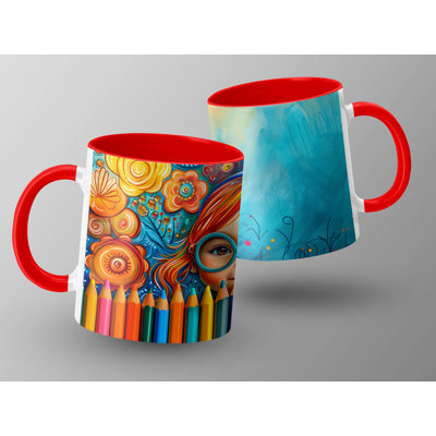 Kids Drawing Style 11oz Accent Mugs – Ceramic Coffee Cup with a Red Handle and Interior