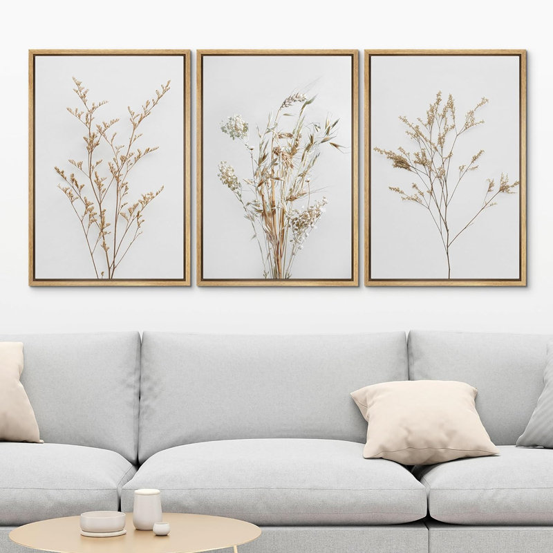 Wildflower Floral Botanical Neutral Boho Minimalist Framed Canvas 3 Pieces Pictures Print Wall Art, 24" H x 16" W x 1.5" D
