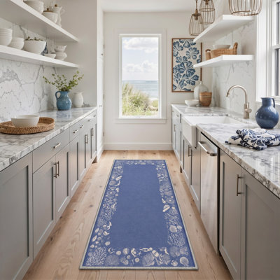 Machine Washable Floral Blue / Ivory Runner With Non-Slip Backing