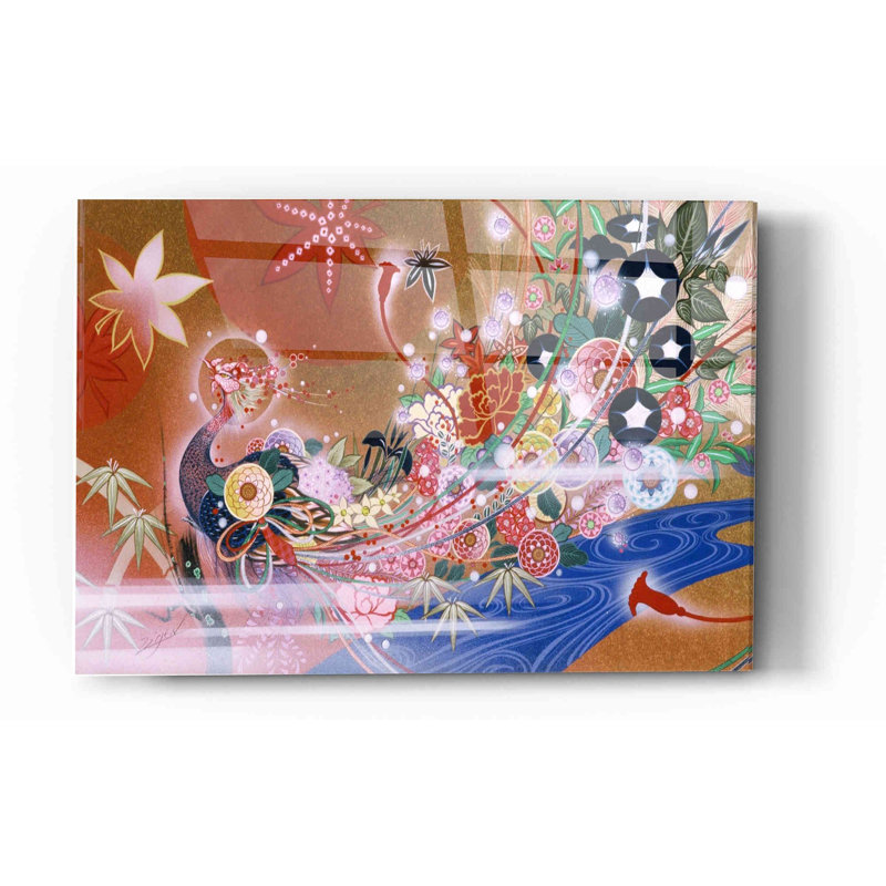«Flowers Peacock» par Zigo Tanabe, art mural en verre acrylique, H 16 po x l 24 po x P 0,12 po