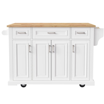 Large Kitchen Island With Texture, Drop Leaf, 4 Doors, 3 Drawers, Rolling Storage Cart, White 54Inch Cart For & Dining Room,