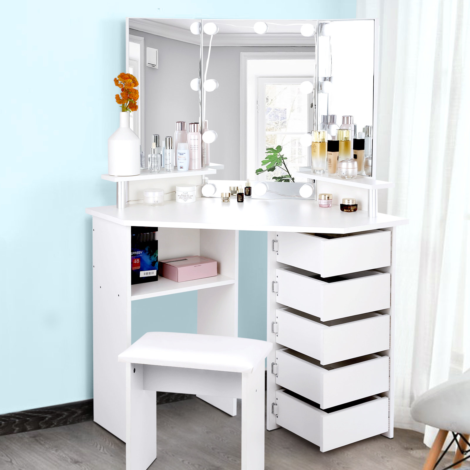 Modern White Corner Makeup Vanity Set with Acrylic Top & Mirror & Stool &  Cabinet