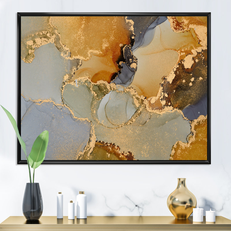 Art abstrait fluide brun et noir - peinture sur toile, H 24 po x l 32 po, Cadre flottant, Noir