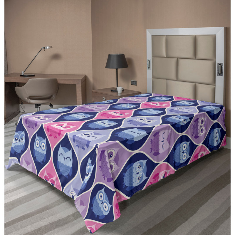 Ambesonne Animal Top Flat Sheet Vertical Sleeping Owls Pink Purple Blue, Twin Flat Sheet