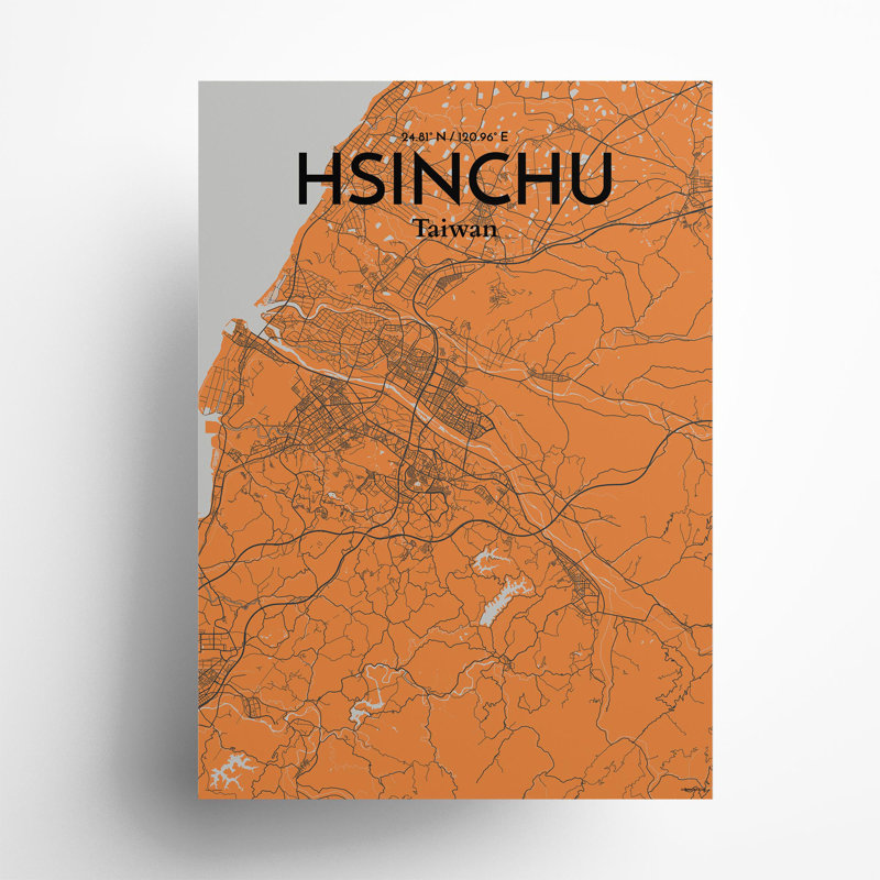 Hsinchu City Map In Orange - No Frame Print, 27.6cm H x 19.7cm W x 0.05cm D