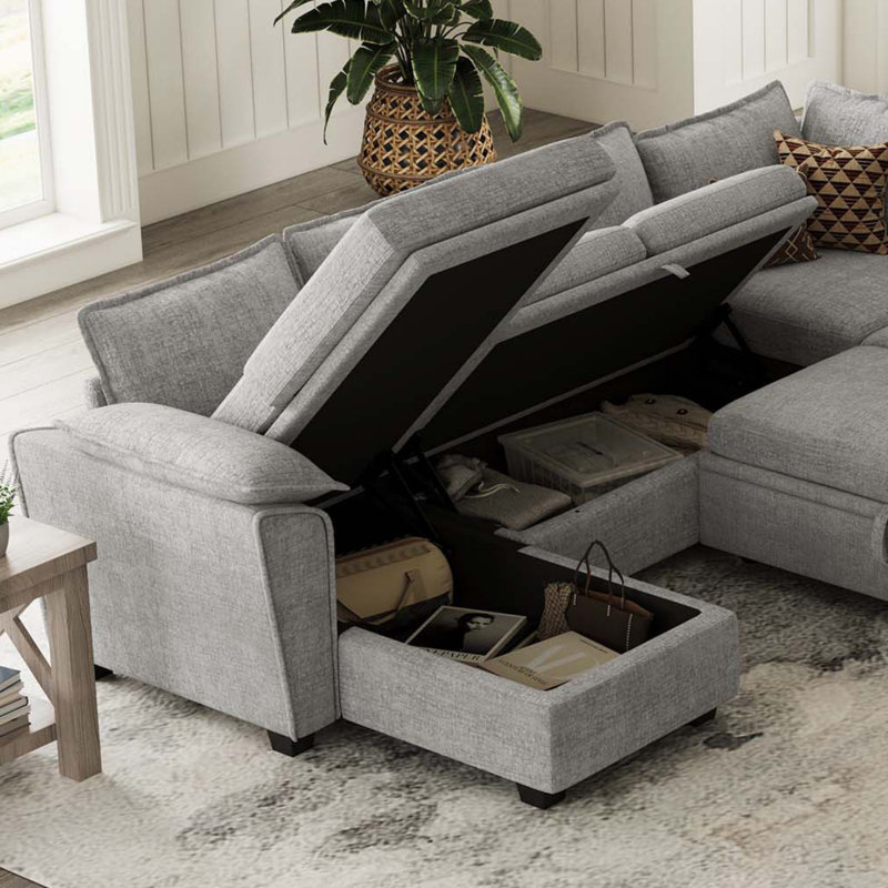 Luna Chenille L-Shaped Storage Sectional Sofa Livingroom Bedroom Apartment Couch, Gray Chenille