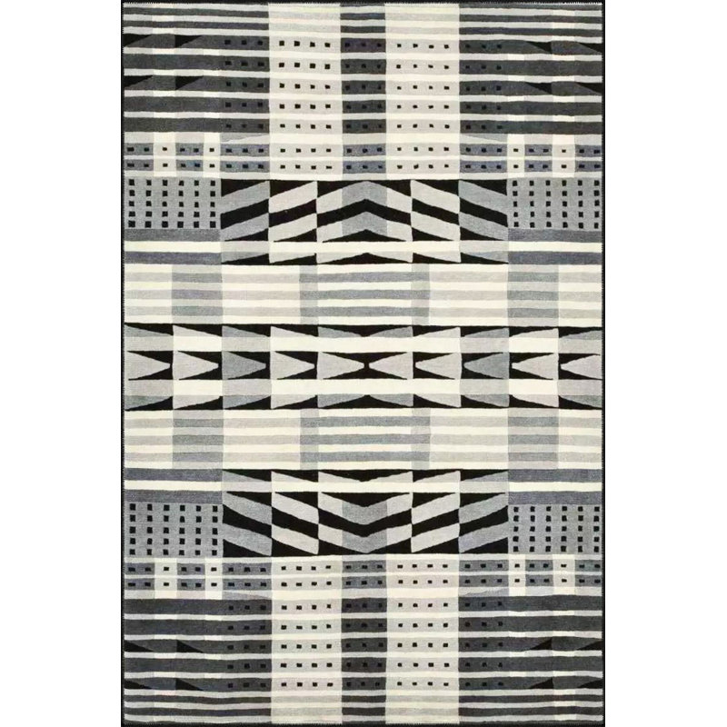 Black Rectangular Geometric Woven Base Washable Rug, Rectangle 4'7" x 6'7" Rug Pad Included