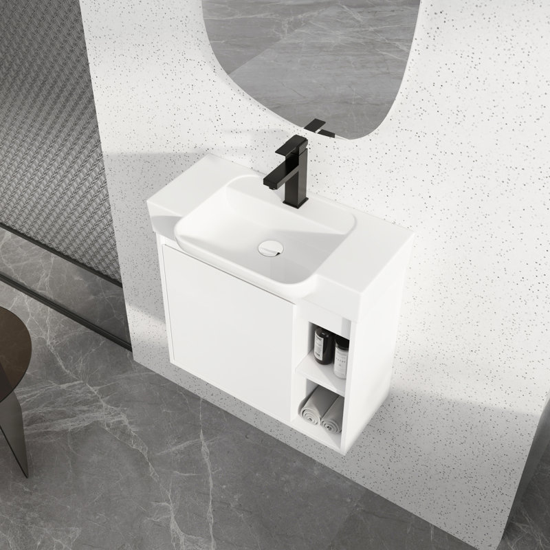 Meuble-lavabo mural moderne de 61 cm (24 po), lavabo en céramique blanche, charnières à fermeture douce, fini lustré, deux espaces de rangement ouverts. Meuble-lavabo blanc, porte fermée, emballage démontable.