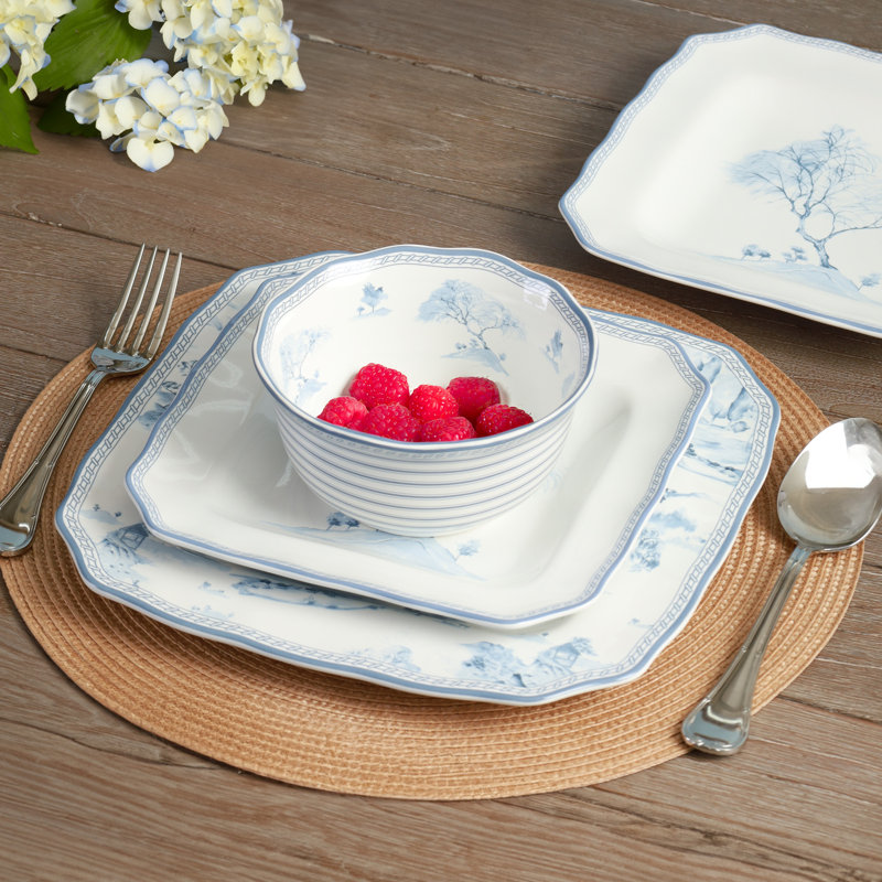 222 Fifth Scenic Toile Blue Porcelain Dinnerware Set - Service For 4, Plate & Bowl Set