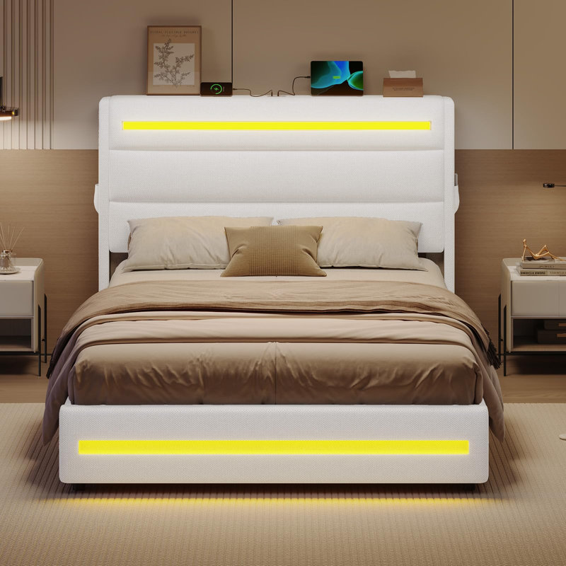 Double Bed Frame With Charging Station & Led Lights, Upholstered Platform Bed Frame With Gas End Lift & Under Hydraulic Storage,  No Box Spring Needed, Linen White