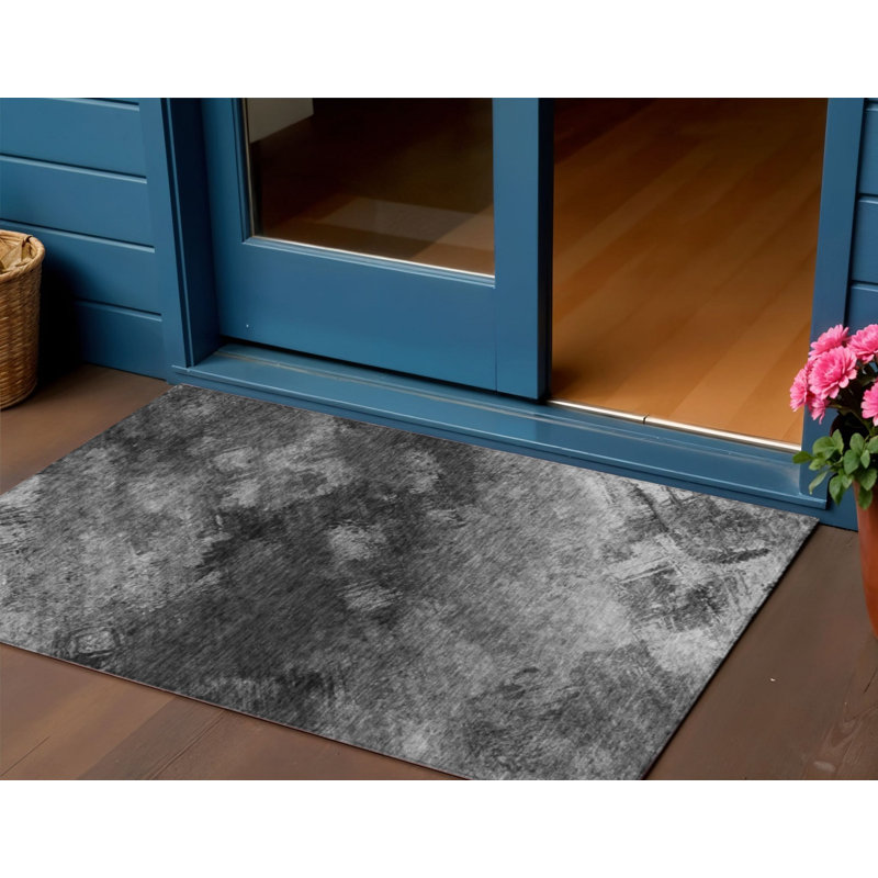 Tapis extérieur lavable abstrait gris anthracite et argent 3 pi x 5 pi