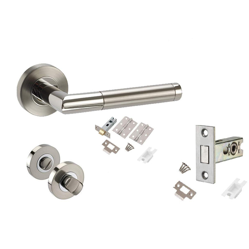 Golden Grace Mitred Style Modern Bathroom Door Handles Set Lever Latch on Round Rose with Duo Chrome Finish with Ball Bearing Hinges and 64mm Tubular